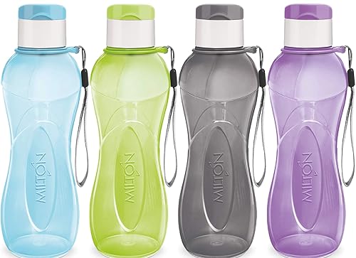 MILTON Sports Water Bottle Kids Reusable Leakproof 25 Oz 4-pack Plastic Wide Mouth Large Big Drink Bottle BPA & Leak Free With Handle Strap Carrier For Cycling Camping Hiking Gym Yoga